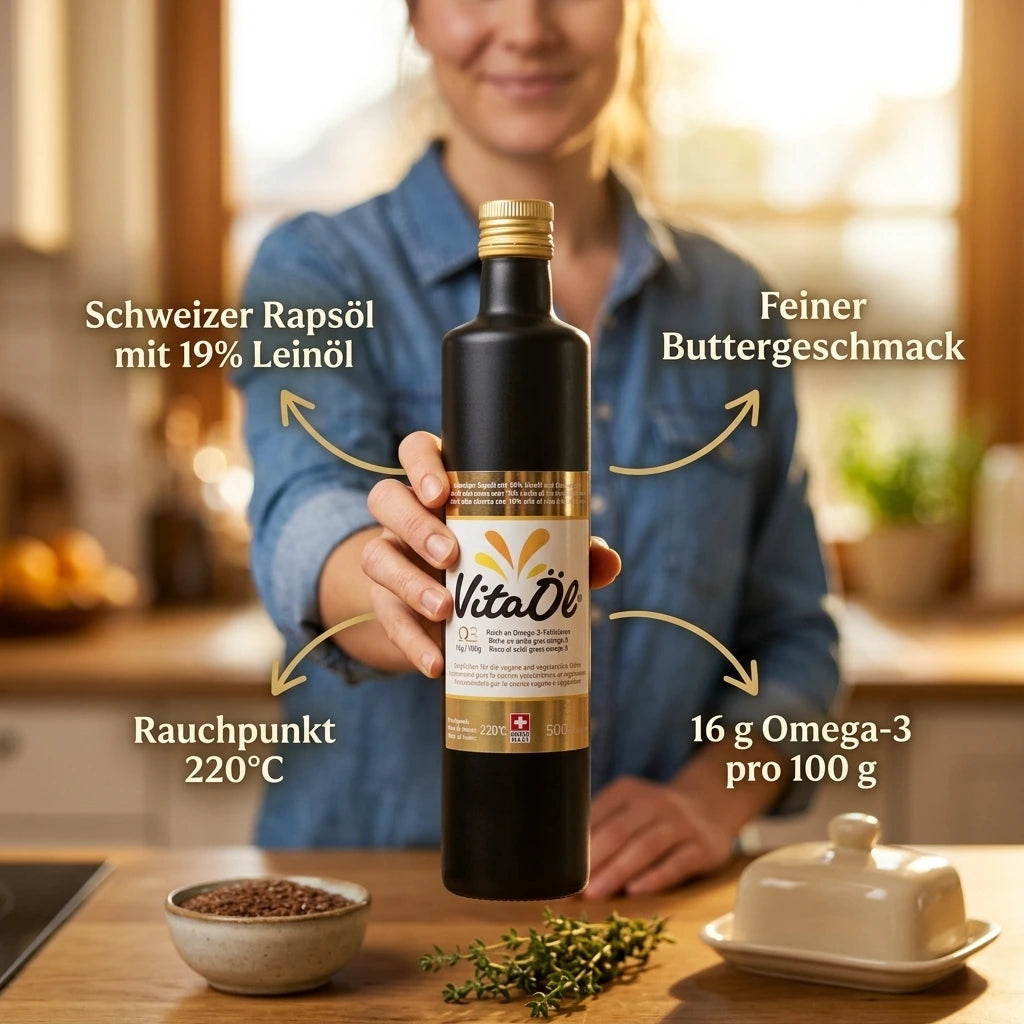 VitaÖl® Produktvorteile: Rauchpunkt 220°C, 16g Omega-3 pro 100g, feiner Buttergeschmack